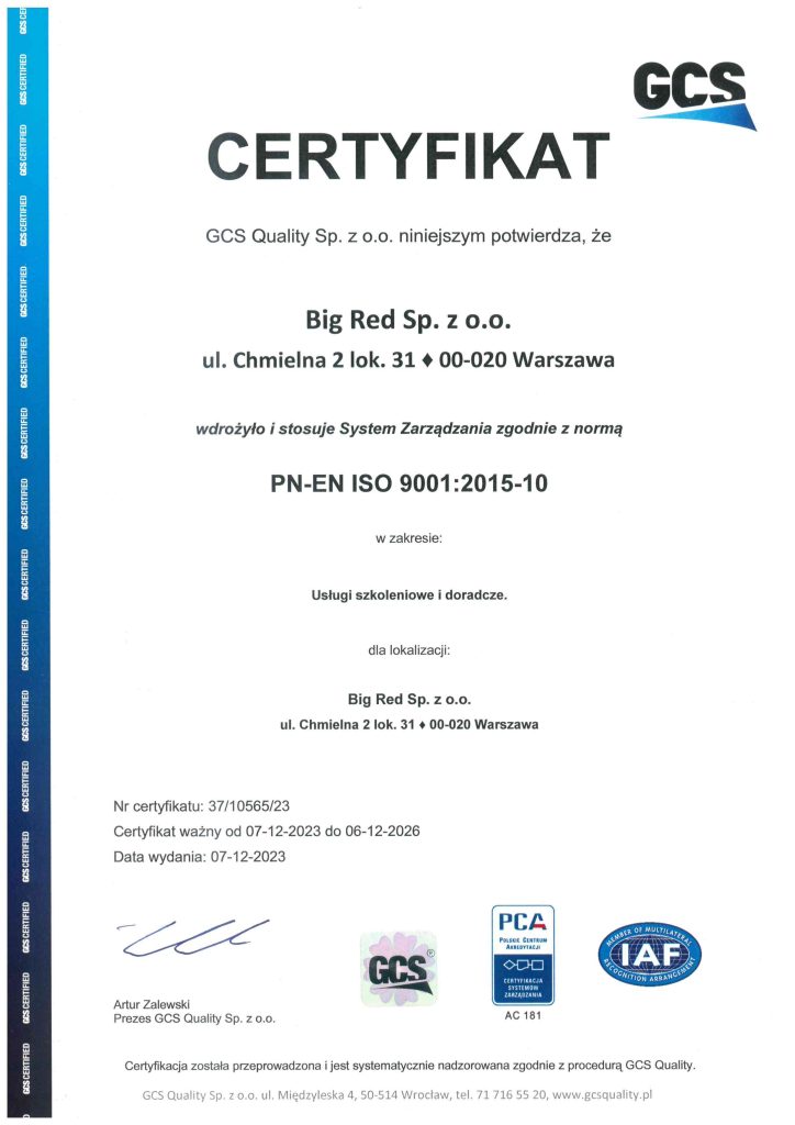 O Nas | Big Red - Kursy, Szkolenia, Doradztwo Certyfikat ISO