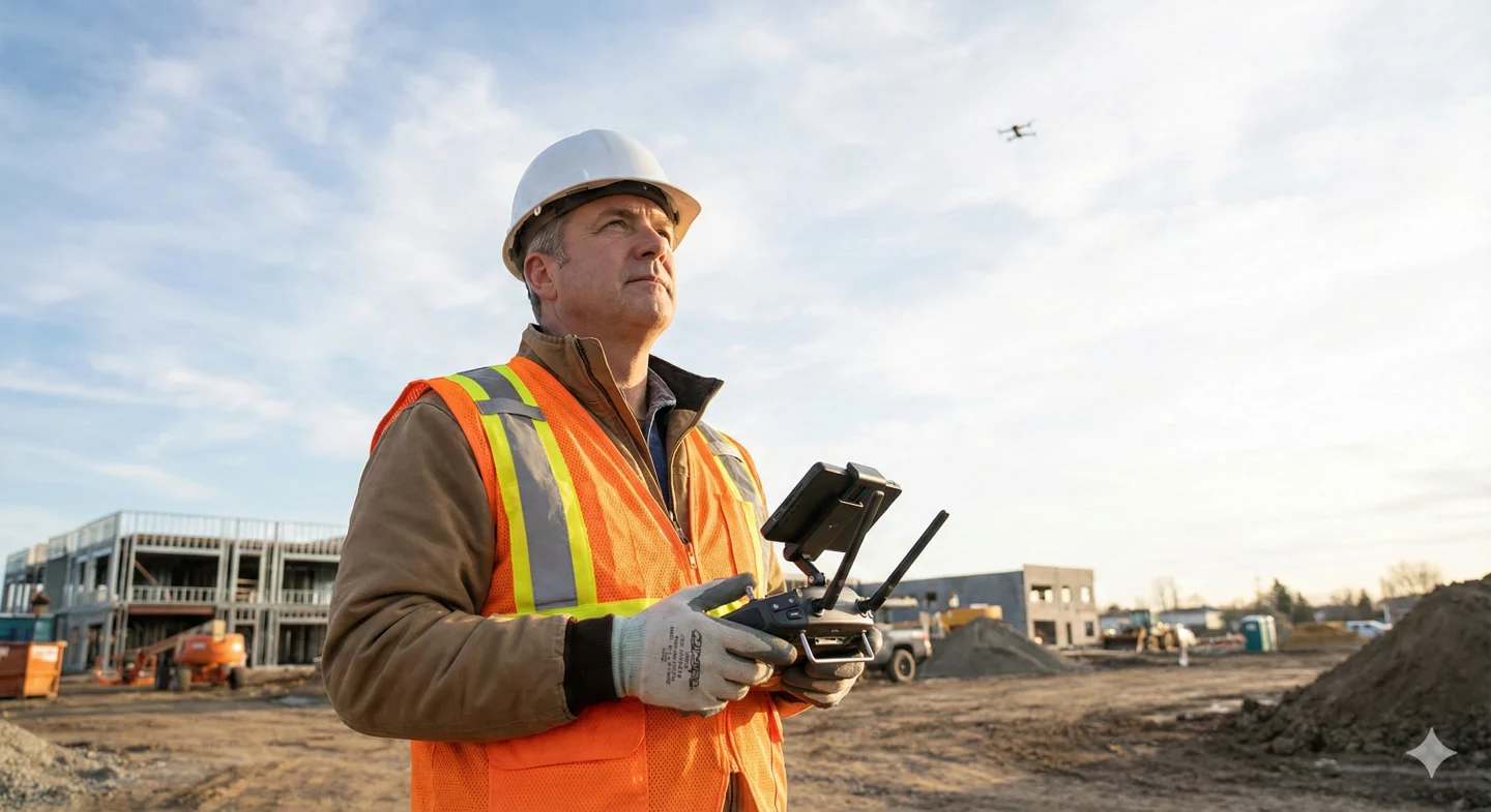 Dron wykonujący inspekcję placu budowy - szkolenie NSTS