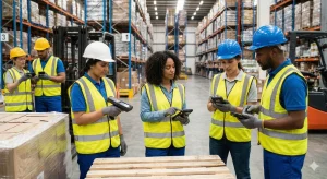 Zespół pracowników na magazynie ze skanerami