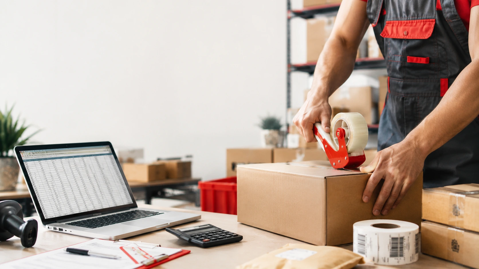 Pakowanie paczki w magazynie e-commerce i kalkulacja kosztów przesyłki Allegro Smart dla sprzedawcy