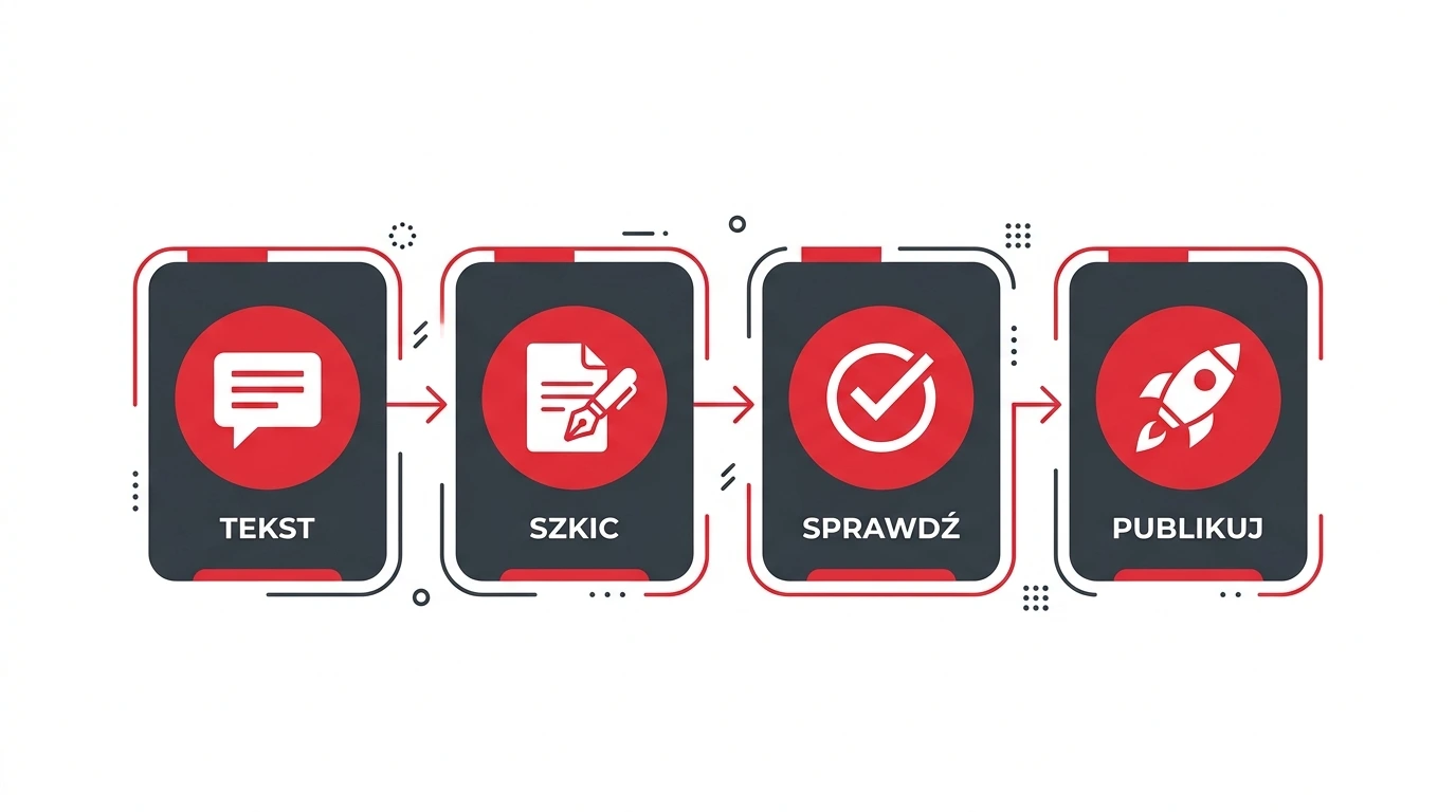 Schemat pracy z AI: prompt, pierwsza wersja, weryfikacja, publikacja